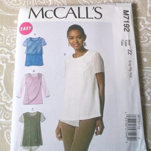 McCall&#39;s, Women&#39;s Top, 4 Variations, Pattern M7192, Size ZZ, Lrg - XLg - XXL, UNCUT