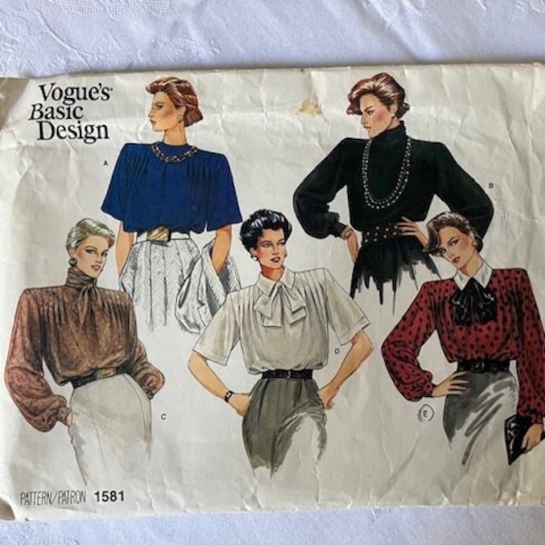 Vogue, Misses' Blouse, Very loose-fitting, 5 Variations. Size 10, Pattern #1581, Vintage.