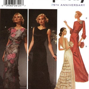 May include: A sewing pattern for three different evening gowns. The first gown is a floral print with a ruffled skirt. The second gown is black with a fitted bodice and a flowing skirt. The third gown is a red gown with a white ruffled skirt.