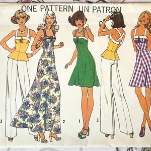 May include: Vintage sewing pattern featuring five illustrated women's fashion designs. The designs include a floral maxi dress, a green dress, a yellow top with white pants, and a purple and white checkered dress. The text "ONE PATTERN UN PATRON" is at the top.