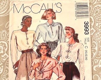 McCall's Misses' Cut-to-fit Blouse, Collar or Collarless, Size 10,12,14, Pattern 3993, Uncut