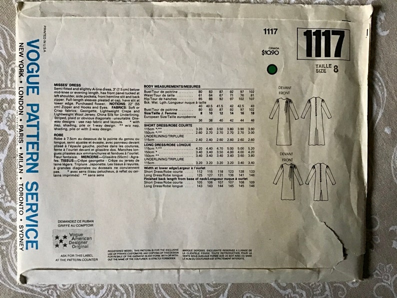 Pattern 1117 Factory-folded Tucked at Left Shoulder Size 8 Dress Designer Jerry Silverman Uncut Vogue