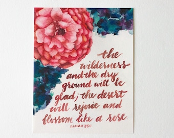 The Desert will Rejoice, Blossom Like a Rose, Isaiah 35:1, Bible Verse Print, Christian Wall Art, Floral Watercolor, Art with Scripture