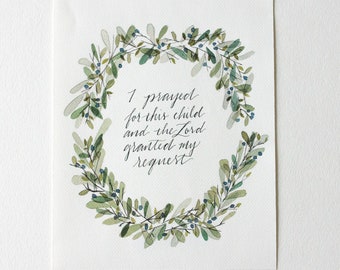 I Prayed for this child, 1 Samuel 1:27, Baby Shower Gift, Watercolor Olive Wreath, Christian Gifts for Mom, Christian Nursery Decor