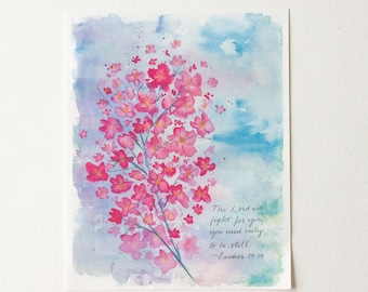 Der Herr wird für dich kämpfen, du brauchst nur still zu sein, Exodus 14, Aquarell Kirschblütenkunst, christliches Geschenk für sie, Ermutigungsgeschenk