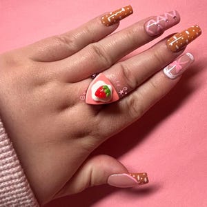 kawaii pink, red and white chunky strawberry short cake ring - adjustable and lightweight