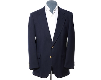 42R Vintage Kuppenheimer Navy-Blue Polyester Patch-Pockets Gold-Buttons Blazer Jacket Sport Coat (Size L)