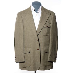 40R Vintage 1970s Olive-Drab Sage-Green Hopsack Military Hacking Elbow Patch Pocket Sport Coat Blazer Jacket (Size M)
