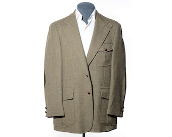 40R Vintage 1970s Olive-Drab Sage-Green Hopsack Military Hacking Elbow Patch Pocket Sport Coat Blazer Jacket (Size M)