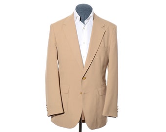 42L Long Vintage Stafford Beige Tan Patch Pockets Gold-Button Blazer Jacket Sport Coat