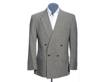 40R Vintage 90er Jahre Klassisch-Fit Zweireihiger Grauer Woll-Peak-Revers-Sportmantel-Jacken-Blazer