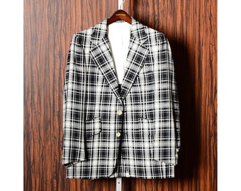 36S Short Vintage 70s Mod Black & White Plaid Linen Wide-Lapels Sport Coat Blazer Jacket Size XS