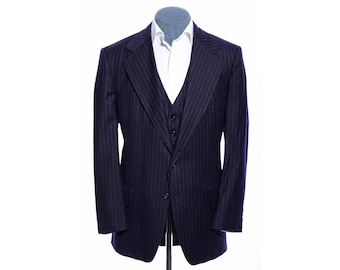 44R Vintage 70s Navy-Blue Pinstriped Wool Wide-Lapels Blazer Jacket & Vest Set Size XL