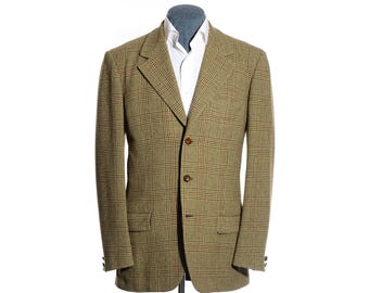 40L Long Vintage 1960s 70s 3-Button Green Plaid Wool Tweed Sport Coat Blazer Jacket