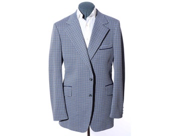 46XL Extra Long Vintage 70s Sears Blue Houndstooth Polyester Wide Lapels Sport Coat Blazer Jacket