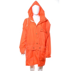 Vintage 70s Bright Safety Orange Lightweight Nylon Hooded Raincoat Windbreaker Jacket Size M