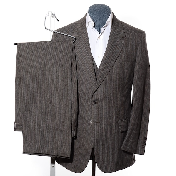 42R Vintage Arnie Brown Pinstriped Wool-Blend Three-Piece Suit 37x30 Trousers Vest Jacket Size L