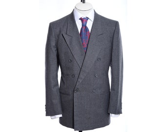 41S Short Vintage Martini Double-Breasted Gray Pinstriped Wool-Blend Suit Jacket