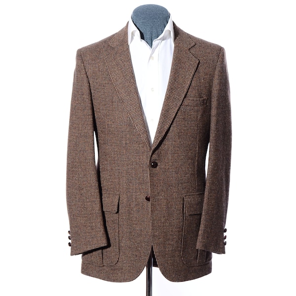 40L Long Vintage Brown Barleycorn Tweed Wool Patch Pockets Sport Coat Blazer Jacket Size M