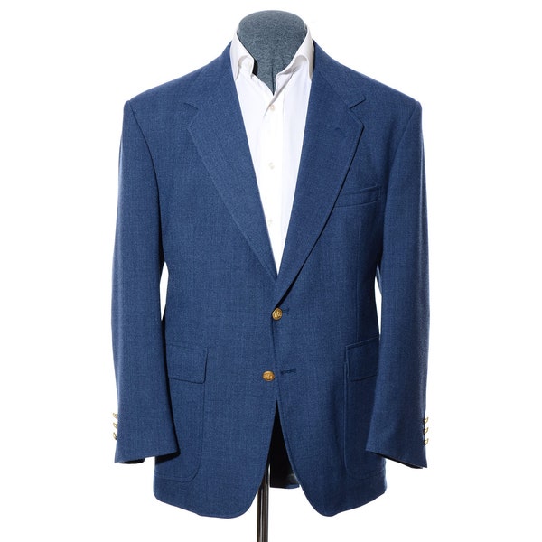 43R Vintage Stafford Cobalt Blue Wool-Blend Gold-Button Patch Pockets Blazer Jacket Sport Coat