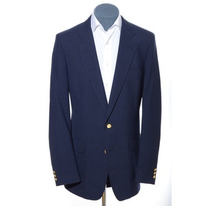 45X-Long Tall Vintage 70s Navy Blue Poly Patch Pockets Gold-Button Blazer Jacket