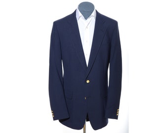 45X-Long Tall Vintage 1970s Navy Blue Poly Patch Pockets Gold-Button Blazer Jacket