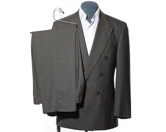 40R Vintage 1990s Zweireiher Grau/Grüne Woll 2-Teiler 30x30 Hose (Größe M)