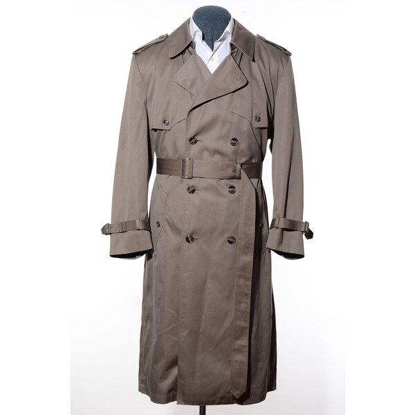 42R Vintage Double-Breasted Towne London Fog Taupe Gray Belted Trench Coat Overcoat Zip-In Liner Size L