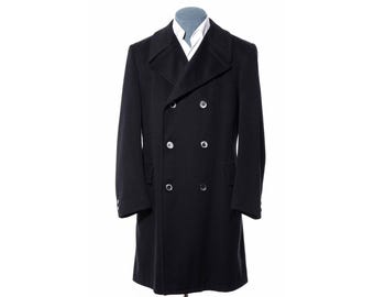 40R Vintage 1950s Hughes Hatcher Suffrin Double-Breasted Black Italian Cashmere Overcoat Pea Coat (Size M)