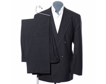 46L langer zweireihiger zweireihiger Evan-Picone-Anzug aus dunkelgrauer karierter Wolle im Vintage-Stil der 90er Jahre, 38 x 31,5 Hosenjacke