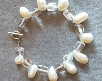 White Fresh water Pearl, Quartz & Sterling Bracelet