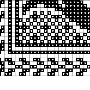 May include: A black and white cross-stitch pattern on a grid, featuring a geometric border with small tulip icons and a larger solid black shape in the upper right corner. The grid includes numerical labels 060 and 070 on the left side.