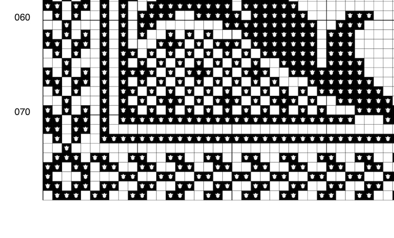 May include: A black and white cross-stitch pattern on a grid, featuring a geometric border with small tulip icons and a larger solid black shape in the upper right corner. The grid includes numerical labels 060 and 070 on the left side.