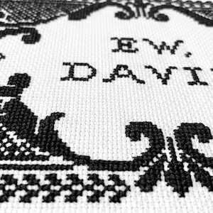 May include: A black and white cross-stitch embroidery on fabric featuring the text "EW, DAVID" in a bold, block-style font. The lettering is surrounded by an intricate, decorative black border with ornate scrollwork and geometric patterns.