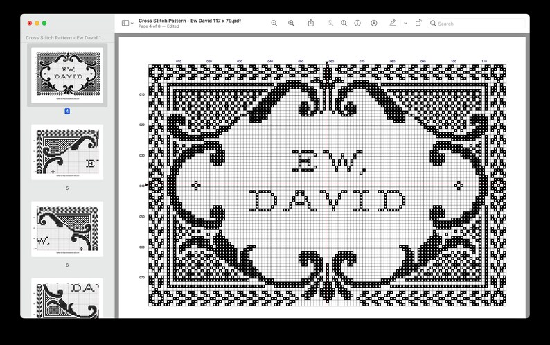 May include: A digital cross stitch pattern displayed on a screen, featuring a black and white grid design with an ornate decorative border surrounding the text EW, DAVID. The pattern includes numbered grid lines for precise stitching guidance.