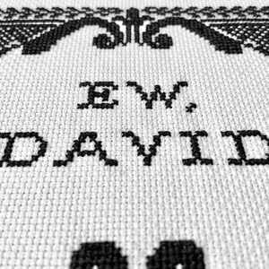 May include: A white fabric piece featuring black cross-stitch embroidery. The text "EW, DAVID" is centered in the middle, surrounded by a decorative black border pattern. The fabric has a visible grid-like texture characteristic of Aida cloth.