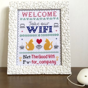Patrón - Bienvenido, tome nuestra señal de contraseña inalámbrica Wifi (gatos y café) para su hogar, dulce hogar - Gráfico de punto de cruz de 8"x10" PDF digital
