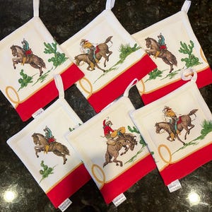 Cowboys and Broncos Handmade Fabric Pot Holders//Hot Pads//Kitchen//Insulated Hot Pads//Rectangular//White & Red//Western