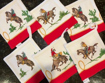 Cowboys and Broncos Handmade Fabric Pot Holders//Hot Pads//Kitchen//Insulated Hot Pads//Rectangular//White & Red//Western