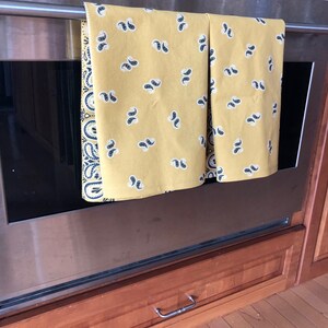 May include: Two yellow kitchen towels with a paisley pattern hang on a silver oven rack.