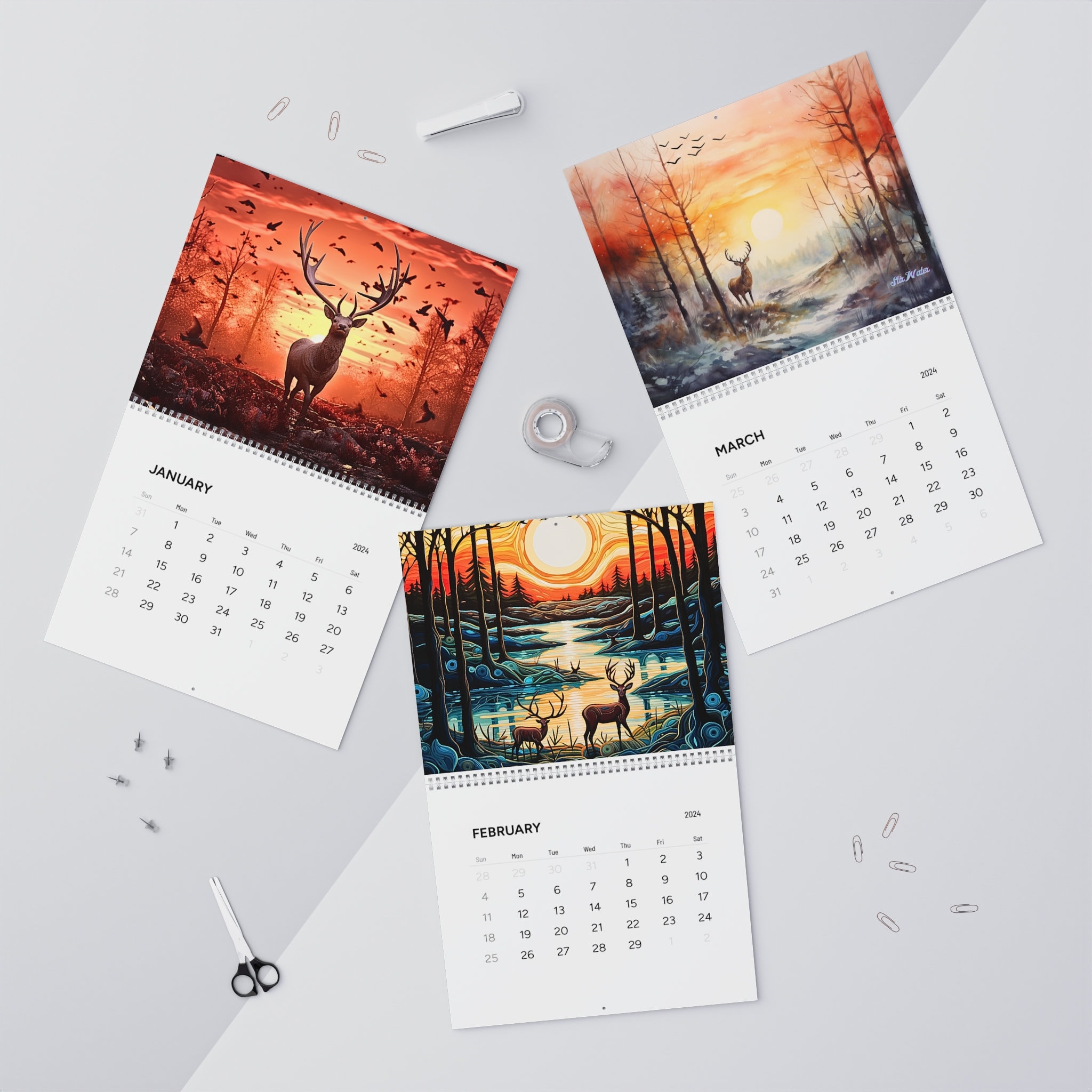 Reindeer calendar 2024, animal calendar 2024, 2024 autumn calendar, fox