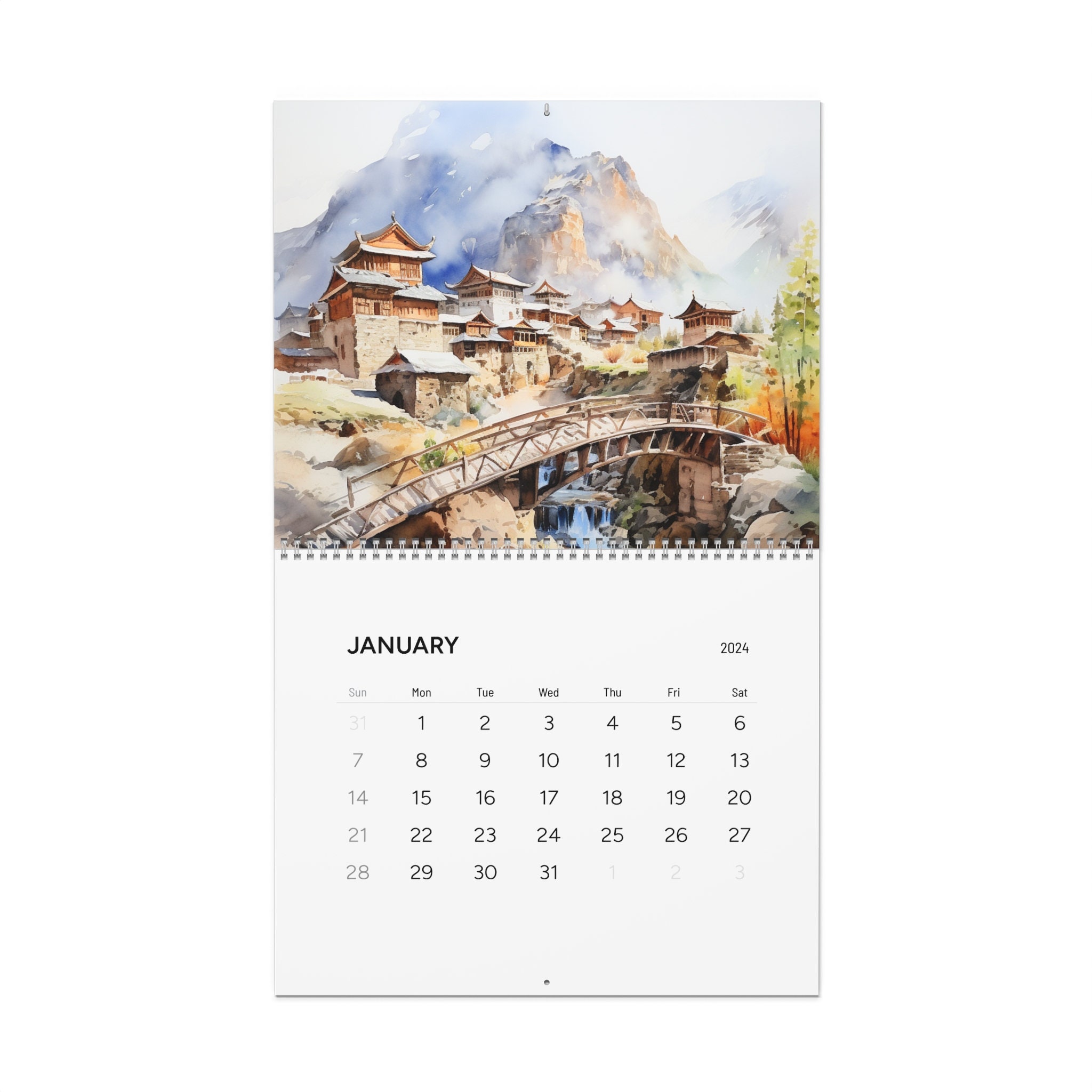 Mountain wall calendar 2024 river wall calendar 2024 watercolor