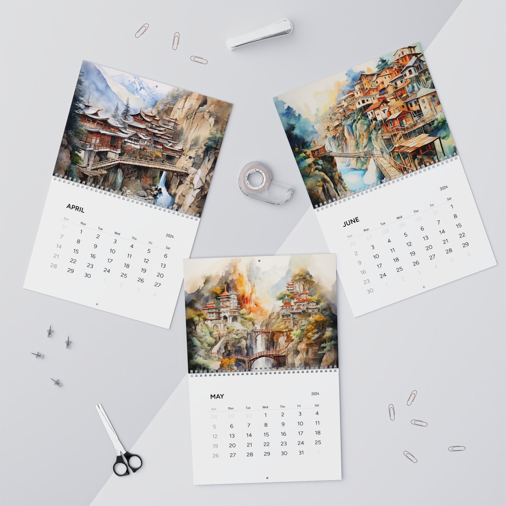 Mountain wall calendar 2024 river wall calendar 2024 watercolor