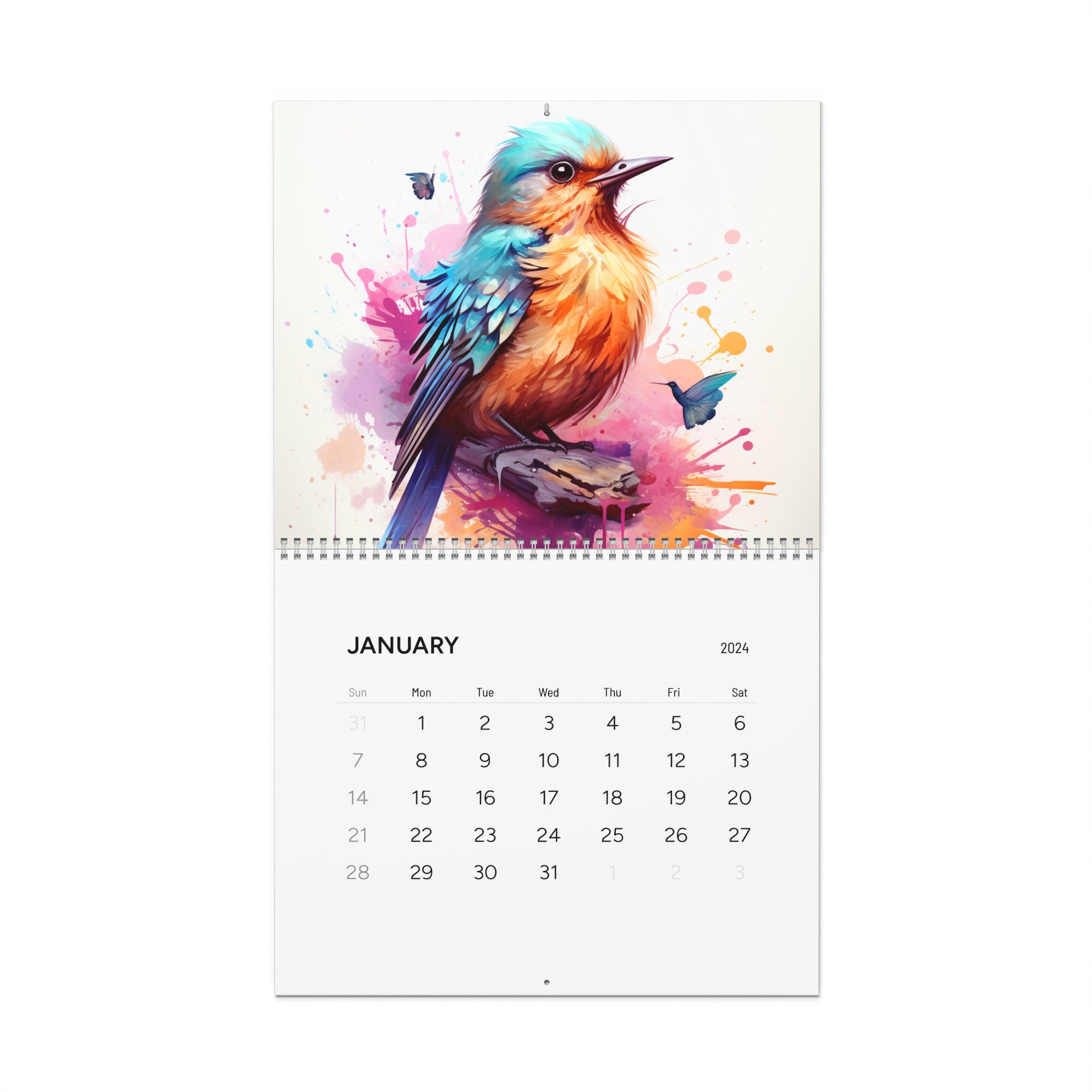 2024 bird tree wall calendar, bird calendar 2024, watercolor bird