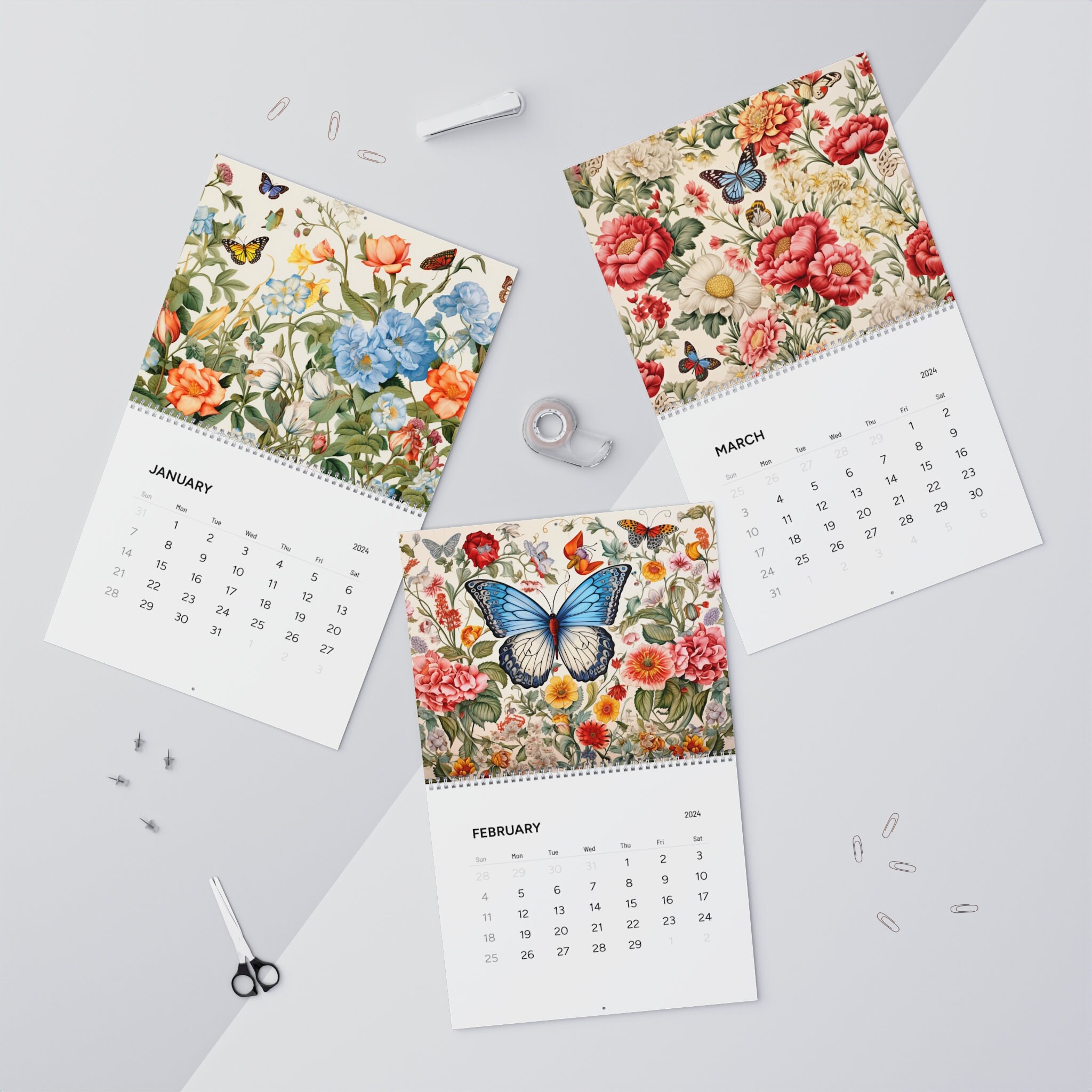 Wildflower wall calendar 2024, butterfly calendar 2024, floral calendar