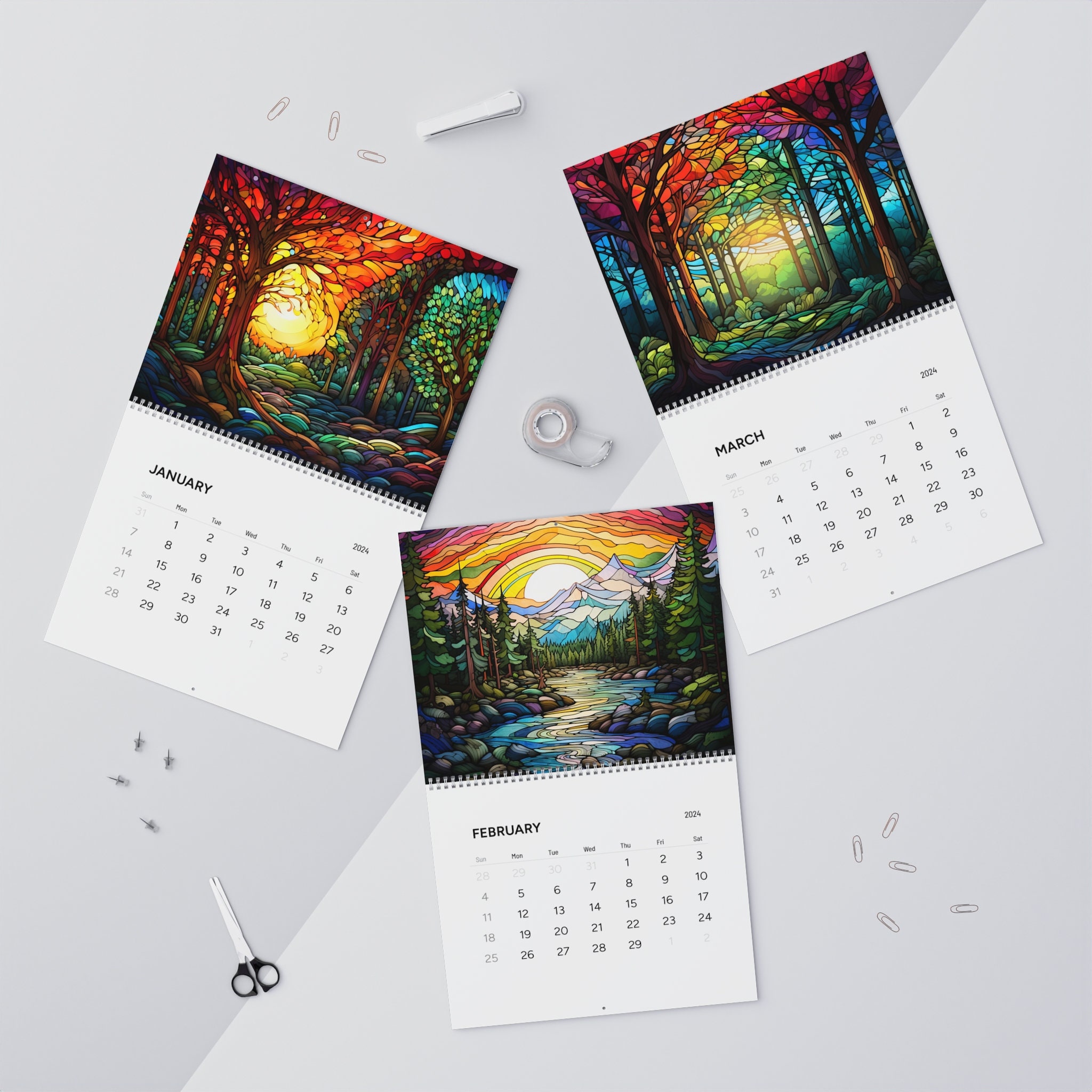 Lgbtq 2024 calendar, lgbt rainbow forest, sunset calendar 2024, stained