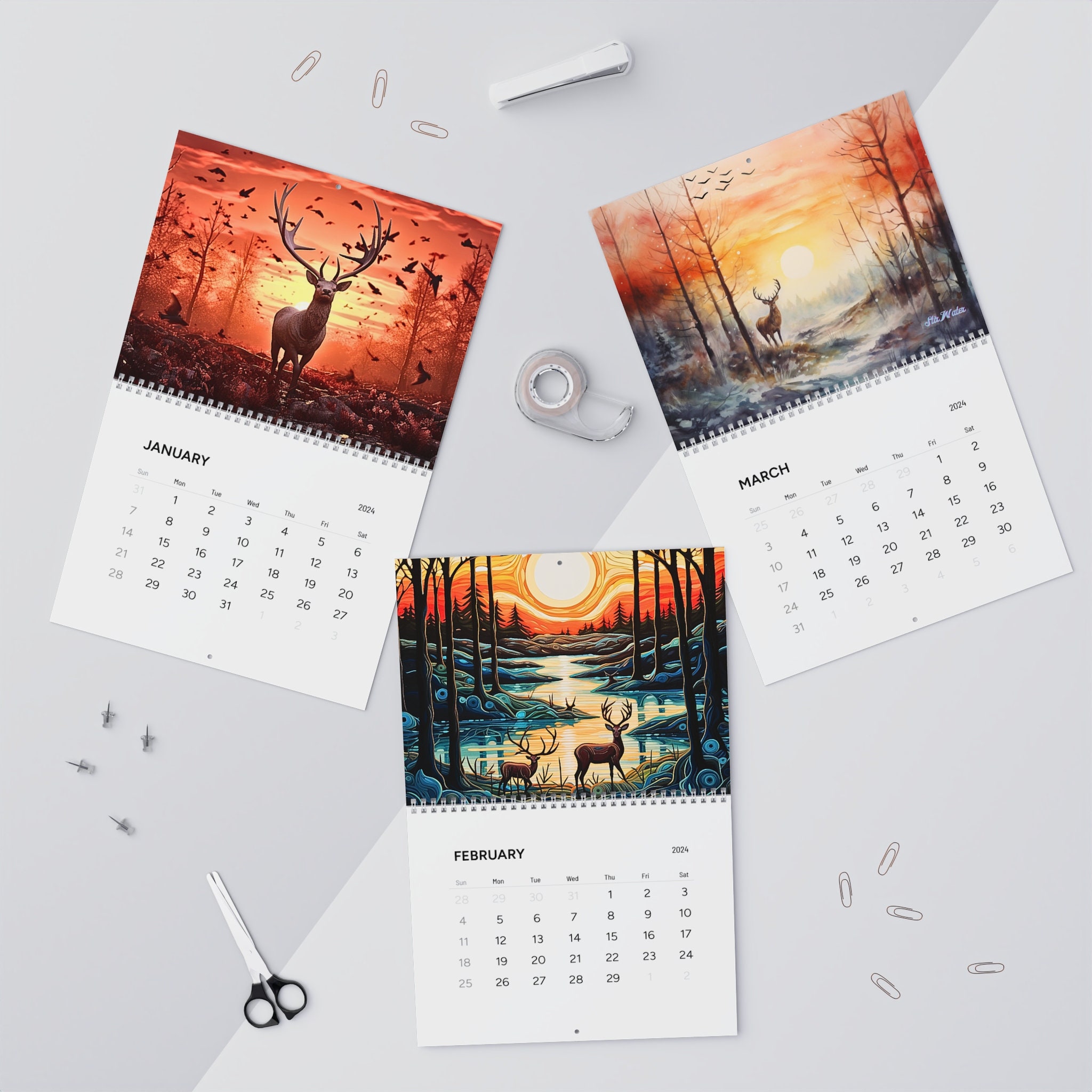 Reindeer calendar 2024, animal calendar 2024, 2024 autumn calendar, fox