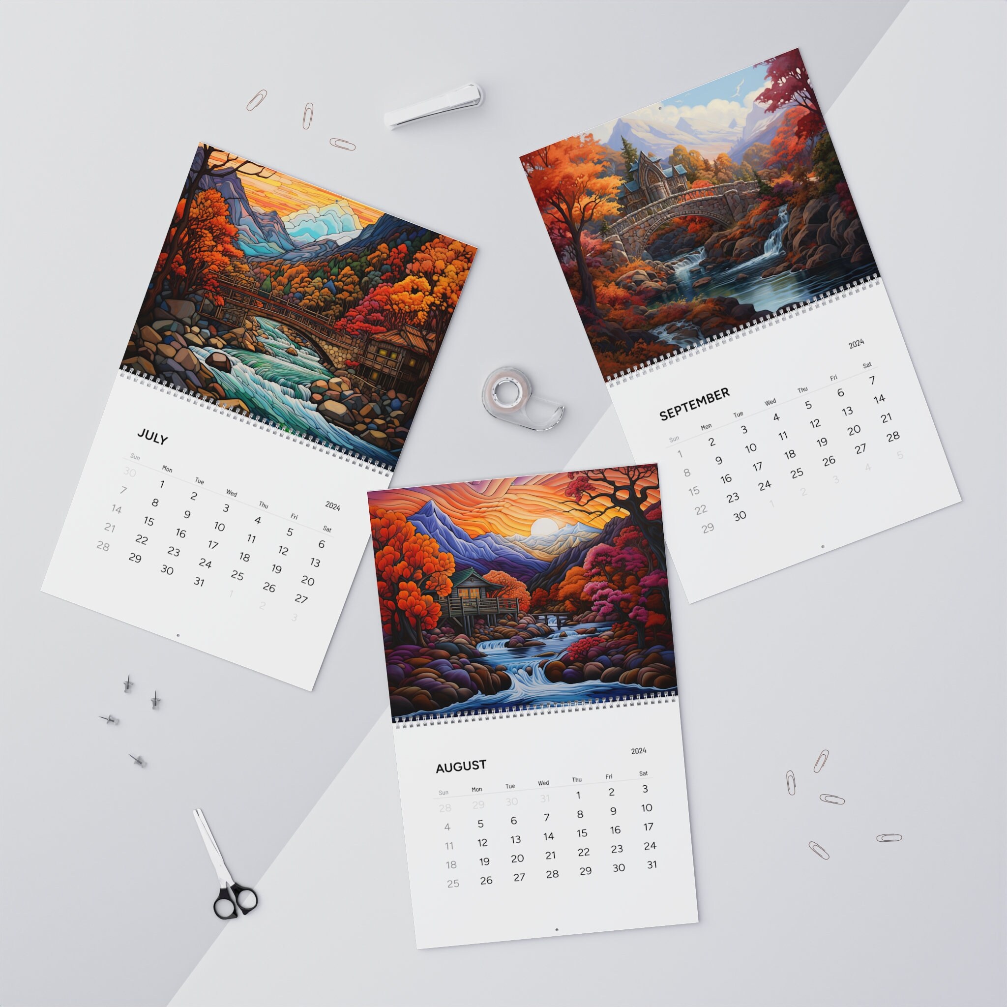 Fall wall calendar 2024, mountain calendar 2024, bridge calendar 2024