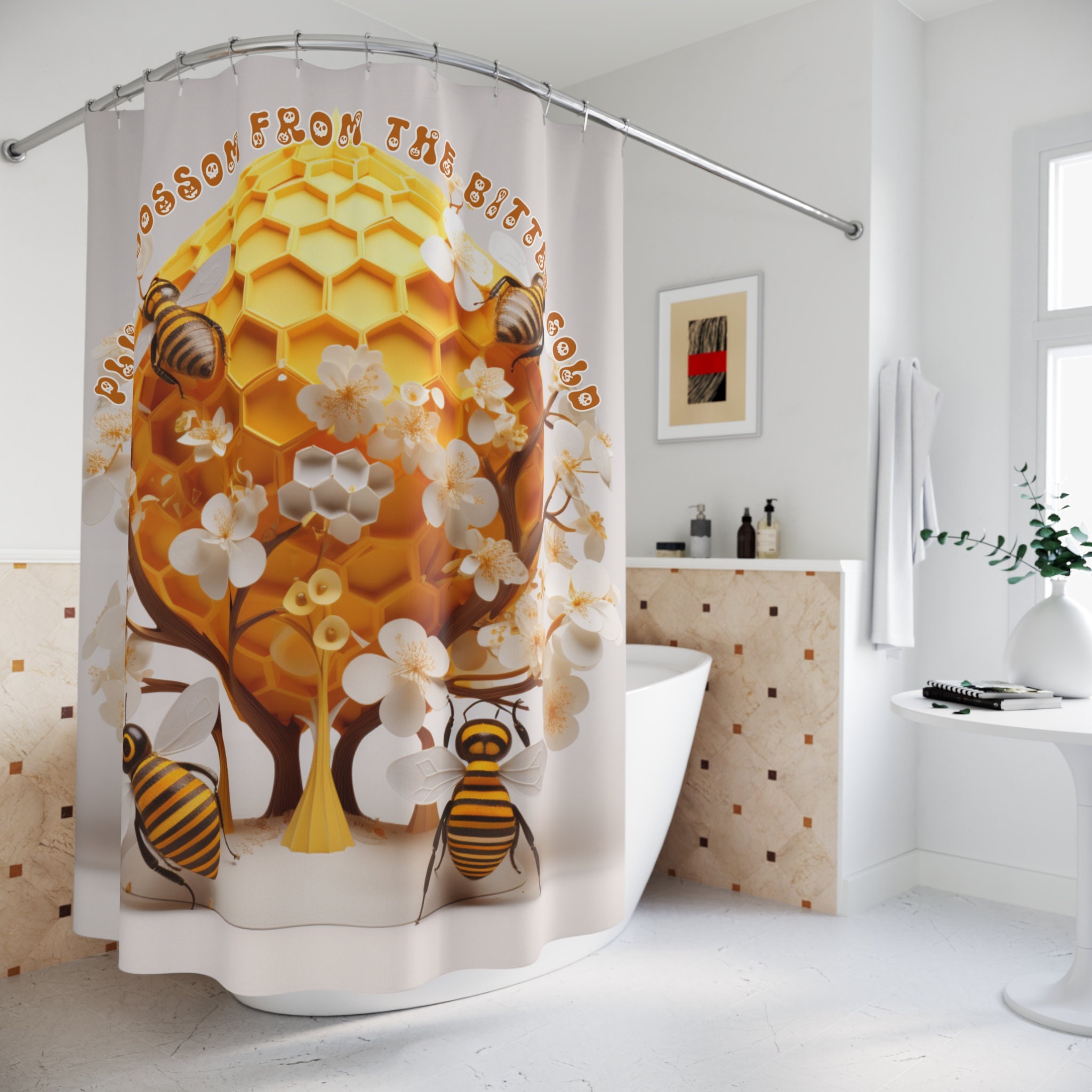FuShvre Bee Shower Curtain Set with Rugs Honey Bee Bumble Bee Bathroom Mats Accessories Rustic Floral Spring Gardern Bath Decor Hooks Included
