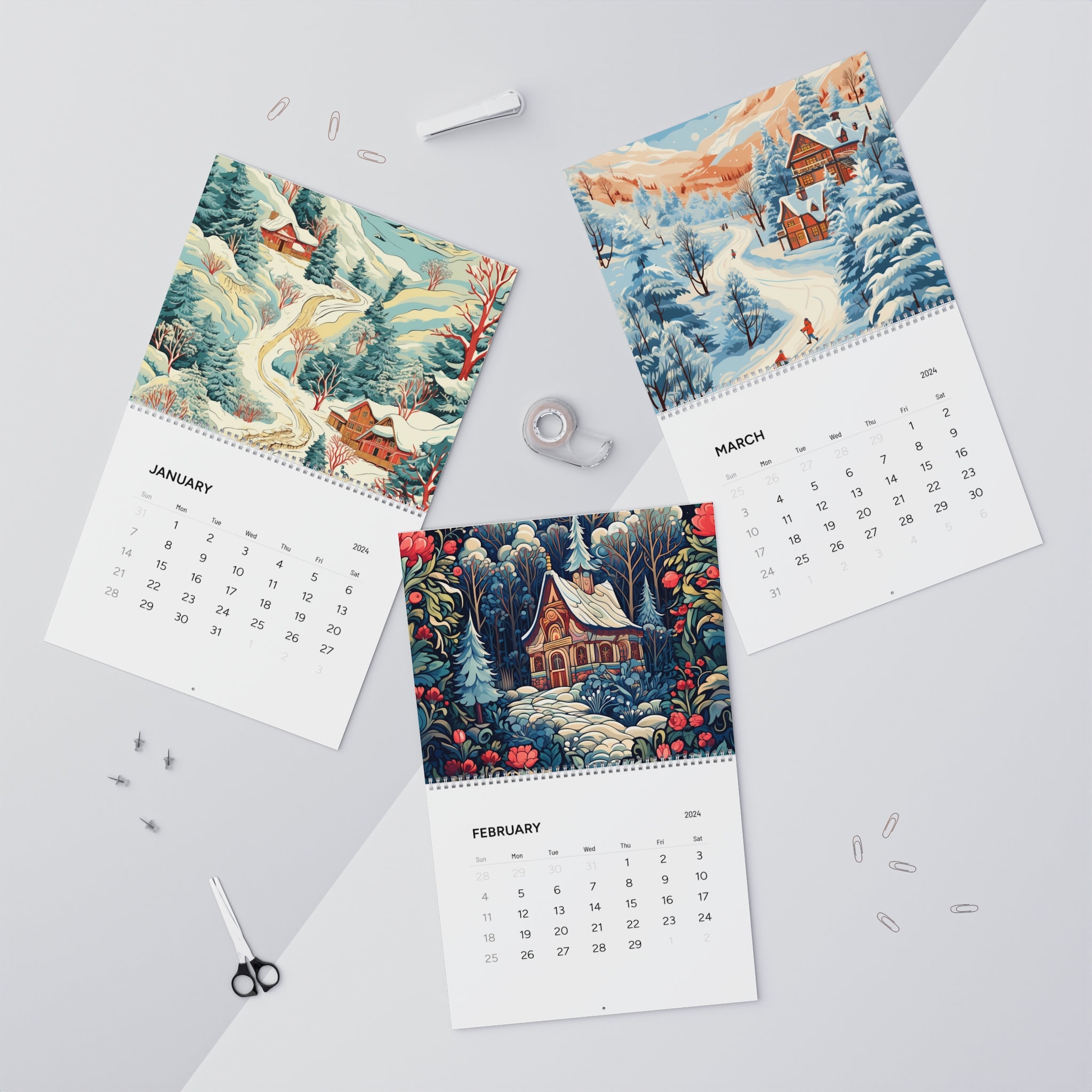Ski lodge wall calendar 2024, snow mountain calendar 2024, snow lodge